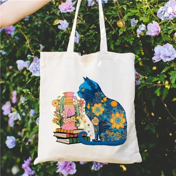 Canvas Tote Bag for Women Aesthetic Cute Cat Shopping Grocery Reusable Bag - Picture 3 of 6